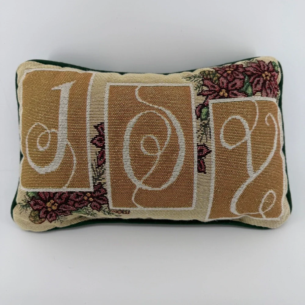 Holiday Woven Tapestry Joy Poinsettia Accent Pillow Green Gold Christmas Decor
